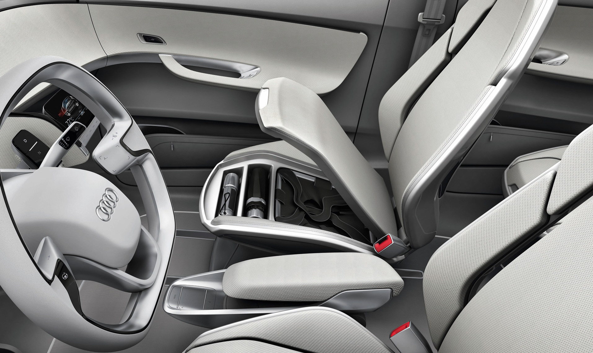 
A l'intrieur de l'Audi A2 Concept, les dtails pratiques ne sont pas ngligs, comme par exemple ce rangement inclus dans le sige avant passager.
 