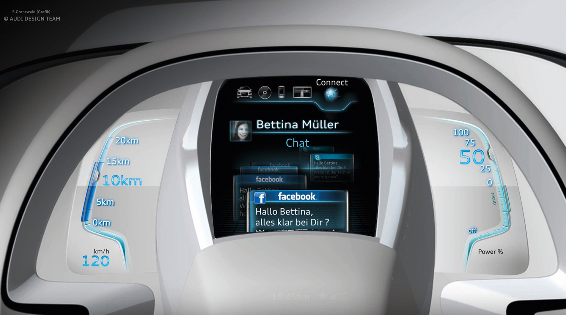 
Vue dtaille de l'cran et des afficheurs autour du volant de l'Audi A2 Concept. Un design trs futuriste, capable d'afficher les informations pertinentes du moment (y compris des informations 'sociales',
 