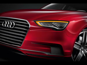 
Vue dtaille de la face avant de l'Audi A3 Concept. Les clignotants s'allument  la place de l'clairage de jour.
 