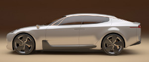 
Vue de profil de la Kia GT Concept. Les flancs sont purs, avec des poignes de porte intgres.
 