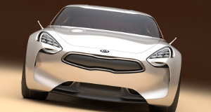 
Vue de face de la Kia GT Concept. Le dessin des optiques avant rappelle le Hyundai Veloster, voire l'Aston Martin One-77. La forme de la calandre Kia a lgrement volu.
 
