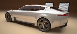 
Vue de 3/4 arrire de la Kia GT Concept. Les optiques arrire sont trs affines, dbordant sur les ailes.
 
