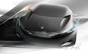 
Dessin de face du concept car Peugeot HX1. Sous cet angle, le lien de parent avec le concept car SR1 est vident. On retrouve la mme calandre flottante, les mmes entres d'air aux extrmits
 