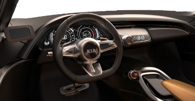 
Description de l'intérieur de l'habitacle du concept car Kia GT Concept.
 